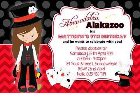 Girls Magic magician rabbit birthday party invitations