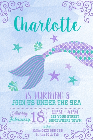 mermaid tail purple invitation