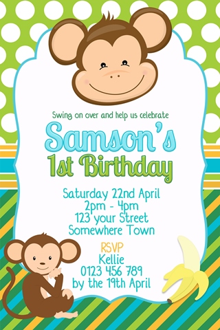 boys monkey green blue birthday party invitation