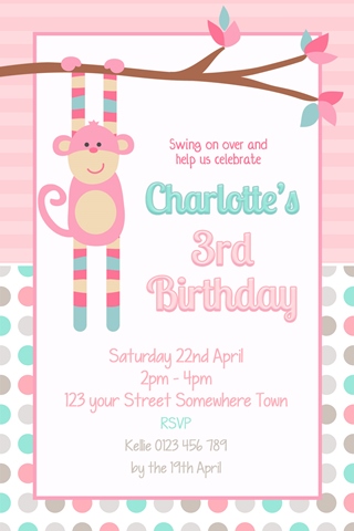 girls pink monkey birthday invitation