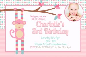 girls pink monkey birthday party invitation