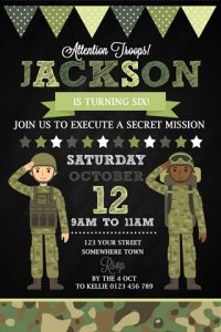 personalised boys green brown army camouflage soldier birthday party invitation invites