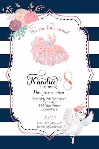 ballet tutu navy pink swan girls birthday invitation