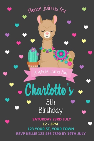 cute girls llama birthday party invitation