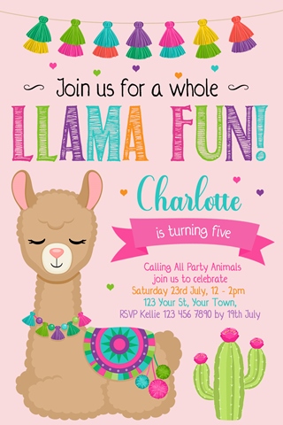 cute girls llama birthday party invitation
