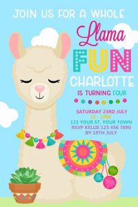 cute colourful girls llama birthday party invitations