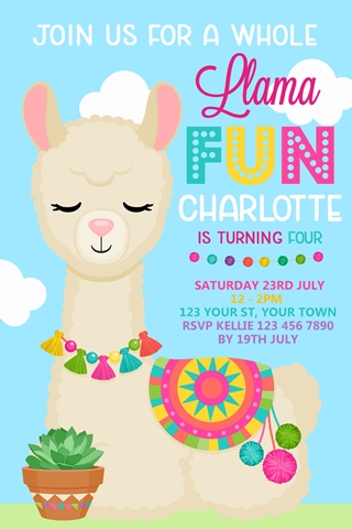 cute girls llama birthday party invites
