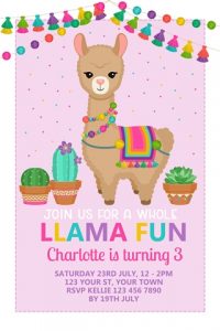 cute colourful girls llama birthday party invitation