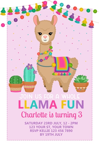 cute girls llama birthday party invitation