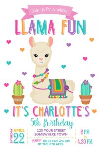 cute colourful girls llama birthday party invites