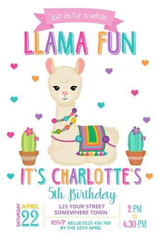 cute girls llama birthday party invites