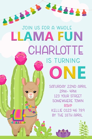 cute girls llama birthday party invites