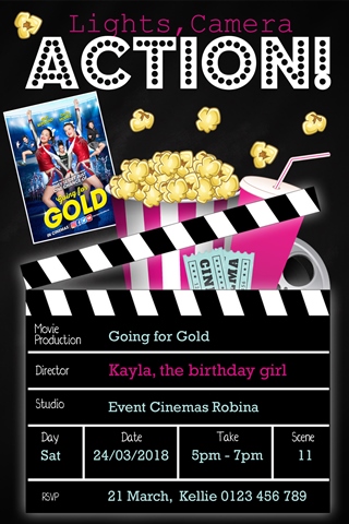 personalised girls pink popcorn movie night birthday invitation invite