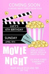 personalised girls pink popcorn movie night birthday invitation invite