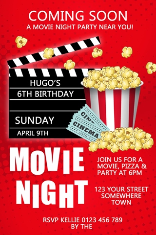 personalised boys girls red popcorn movie night birthday invitation invite
