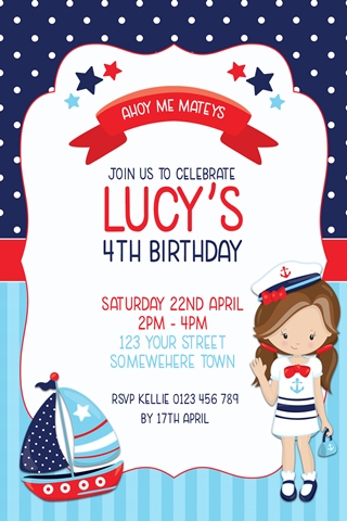 girls red blue navy nautical sailor birthday invitation