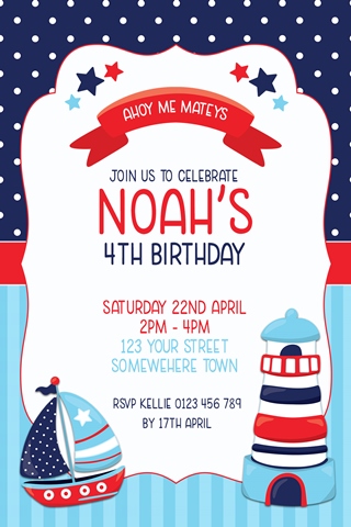 boys nautical lighthouse red blue birthday invitation