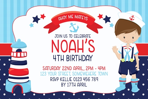 boys red blue navy nautical sailor birthday invitation