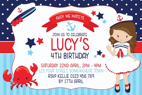 girls red blue navy nautical sailor birthday invitation