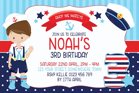boys red blue navy nautical sailor birthday invitation