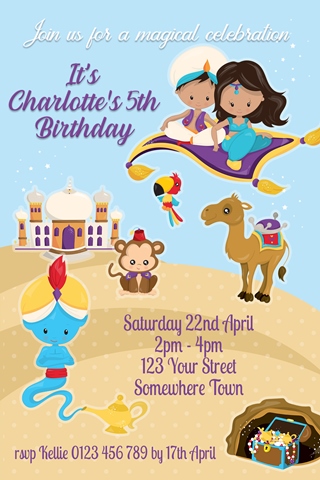 Prince Aladdin and Jasmine birthday invitation