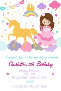 girls unicorn and princess invitation