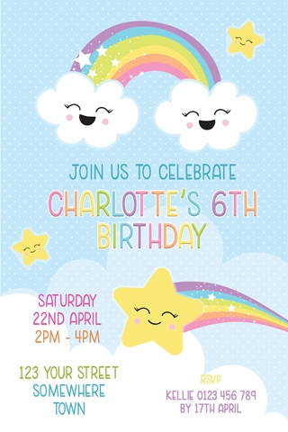 girls rainbow cloud star invitation