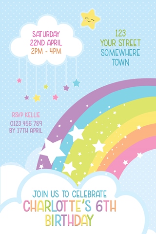 girls cloud rainbow star birthday invitation