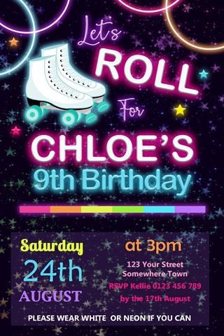 neon glow rollerskating birthday invitation