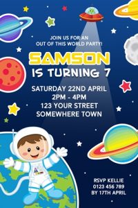 Space astronaut alien birthday party invitations