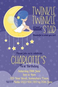 Personalised girls fairy Twinkle Twinkle little star moon birthday invitation
