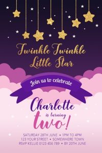 personalised pink purple Twinkle Twinkle little star girls invitation baby shower 1st 2nd birthday invite