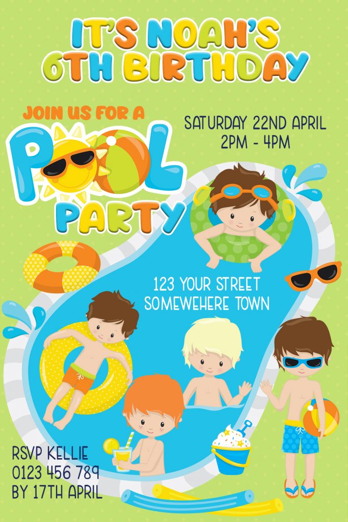 boys fun pool party birthday party invitation