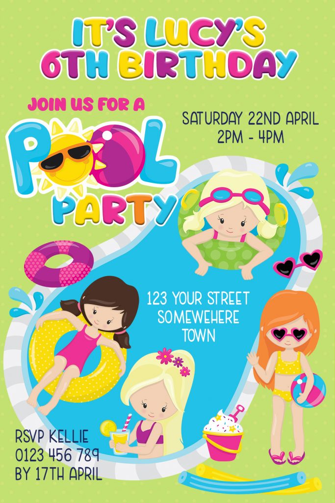 girls fun pool party birthday party invitation