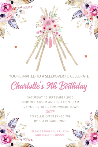 girls boho floral feather teepee birthday party invitation invite