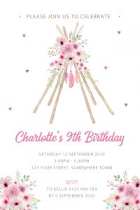 personalised girls boho floral feather teepee birthday party invitation invite
