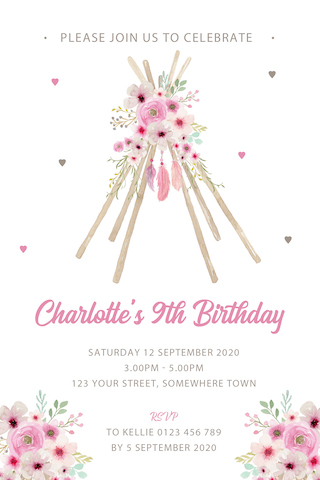 girls boho floral feather teepee birthday party invitation invite