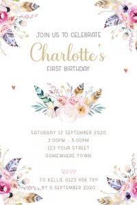personalised girls boho floral feather birthday party invitation invite