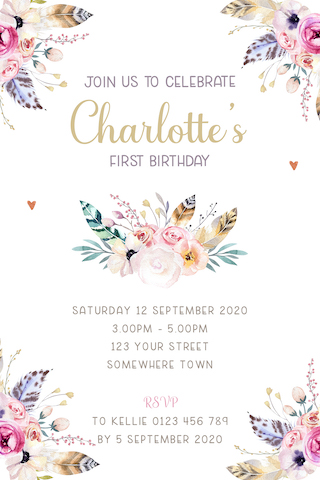 girls boho floral feather birthday party invitation invite