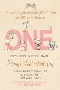 personalised Girls boho woodland animals 1st birthday invitation invite