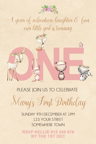 Girls boho woodland animals invitation invite