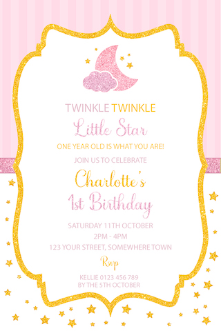 girls twinkle little star invitation invite pink gold glitter