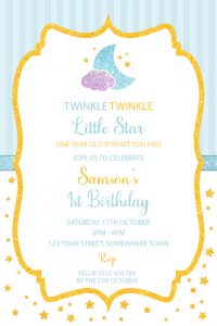 boys twinkle little star invitation invite blue gold glitter 1st birthday baby shower