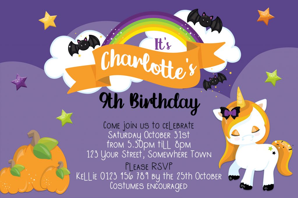 Halloween Unicorn girls birthday invitation