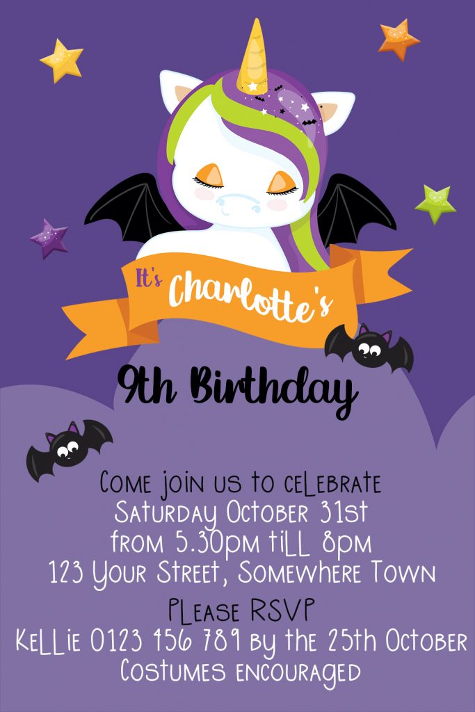 Halloween Unicorn girls birthday invitation