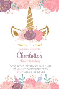 personalised girls pink purple gold unicorn birthday invite invitation girly flowers