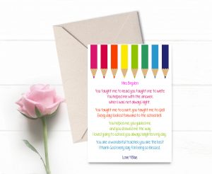 customised teacher appreciation thank you poem end of year gift