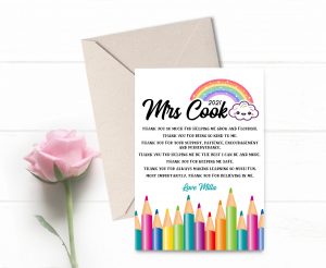 customised Rainbow and pencil teacher appreciation thank you poem end of year gift