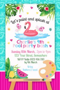 personalised art and pool party girls birthday invitation