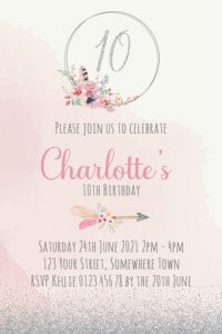girls boho pink floral glitter party birthday invitation invite